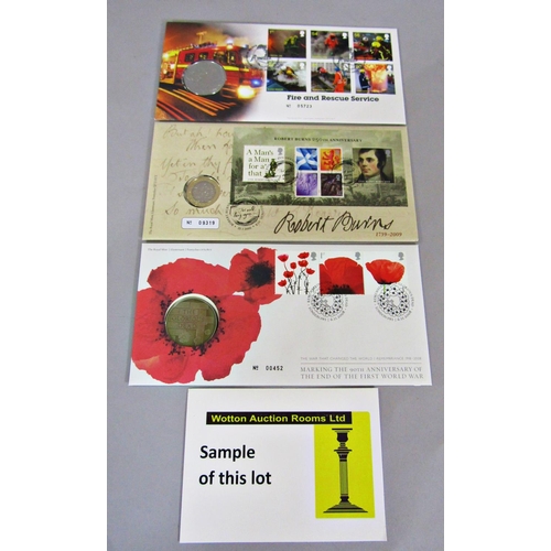 312 - 32 limited issue commemorative stamp/coin sets including 2009 Kew Gardens 50p, others containing £5,... 