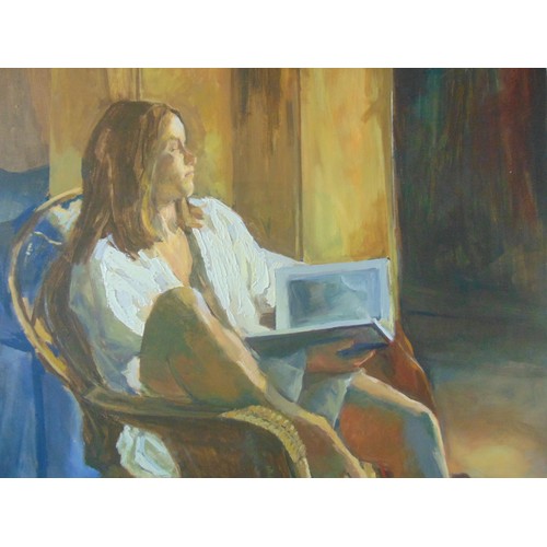 8 - Diana Stanley (Contemporary) - Seated Woman Reading, oil on canvas, signed in pencil verso, 122 x 91... 