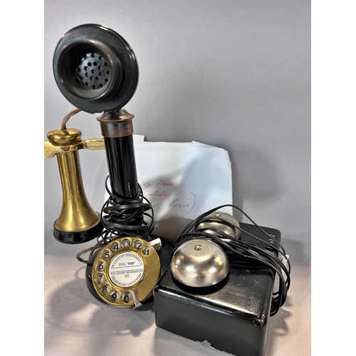 1542 - An early 20th century GPO candlestick telephone with brass receiver and dial, incorporating a light ... 