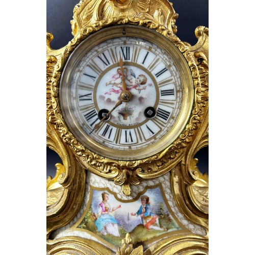 1364 - 19th century French gilt brass mantle clock in a Rococo style with painted porcelain dial and lower ... 