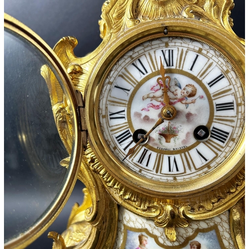 1364 - 19th century French gilt brass mantle clock in a Rococo style with painted porcelain dial and lower ... 