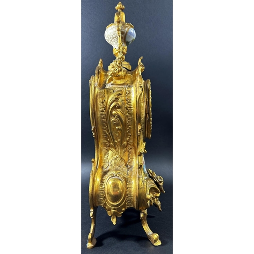 1364 - 19th century French gilt brass mantle clock in a Rococo style with painted porcelain dial and lower ... 