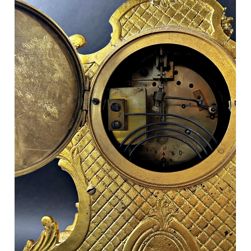 1364 - 19th century French gilt brass mantle clock in a Rococo style with painted porcelain dial and lower ... 