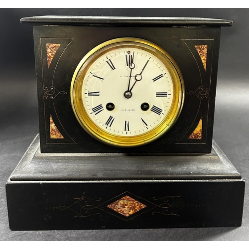 1365 - Victorian black slate and marble mantle clock with eight day striking movement, together with a circ... 