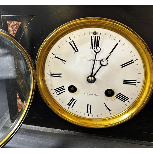 1365 - Victorian black slate and marble mantle clock with eight day striking movement, together with a circ... 