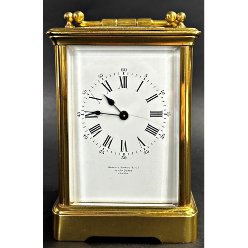 1366 - Victorian brass cased carriage clock, with enamelled dial and eight day time piece