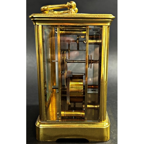 1366 - Victorian brass cased carriage clock, with enamelled dial and eight day time piece