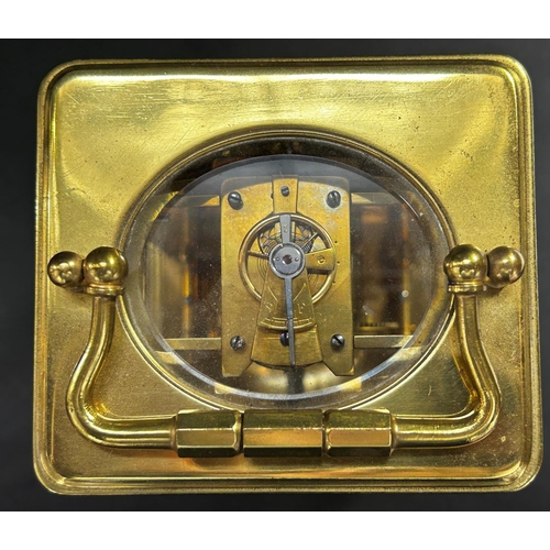 1366 - Victorian brass cased carriage clock, with enamelled dial and eight day time piece