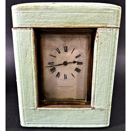 1376 - A brass carriage clock with square enamelled dial retailed by Mappin & Webb, together with a further... 