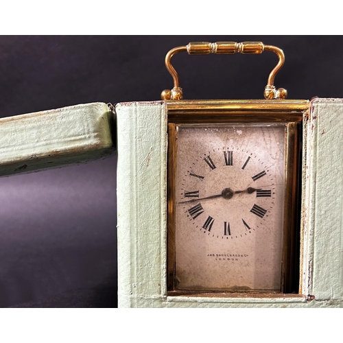 1376 - A brass carriage clock with square enamelled dial retailed by Mappin & Webb, together with a further... 