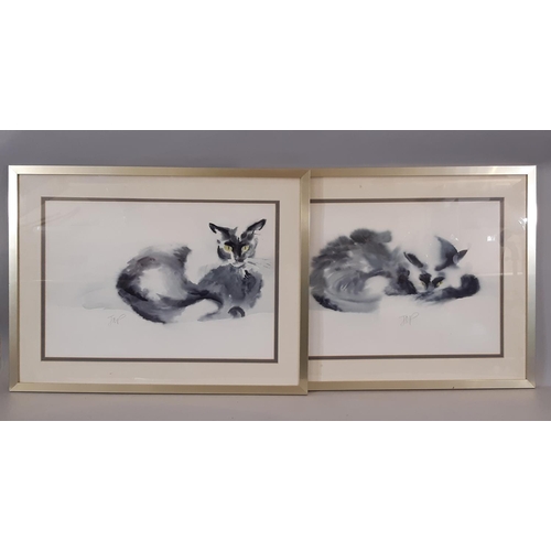 56 - FIVE WORKS: Two watercolours of cats initialled 'JMP' in pencil below, 35 x 50 cm; Two limited editi... 