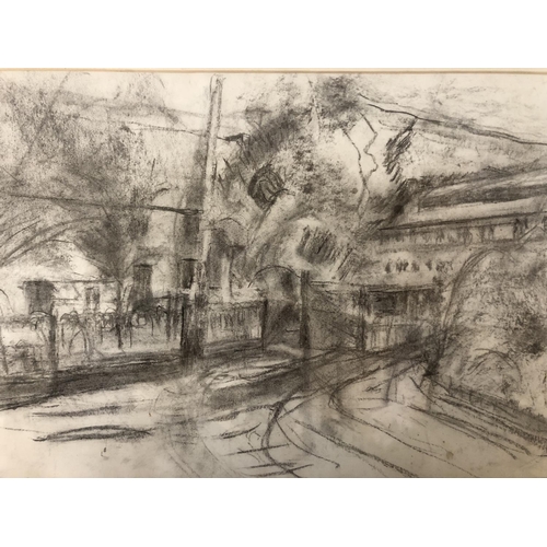 173 - Alan Thornhill (1921-2020) - Street Scene, charcoal on paper, unsigned, 54 x 37 cm, mounted