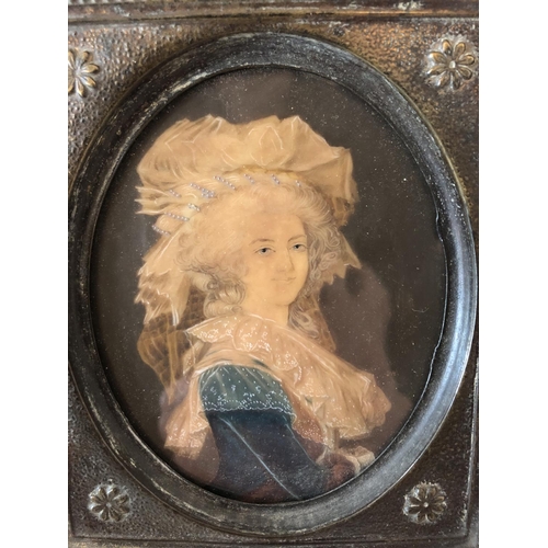 182 - English School, c.18th Century - Miniature portrait of a lady on mica in a repoussé brass frame, 14 ... 