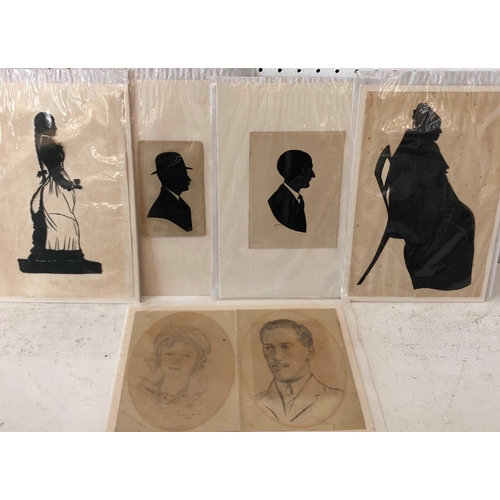 182A - (English School, 19th/Early 20th Century) Four Paper-Cut Silhouettes and Two Portraits in Pencil, bo... 