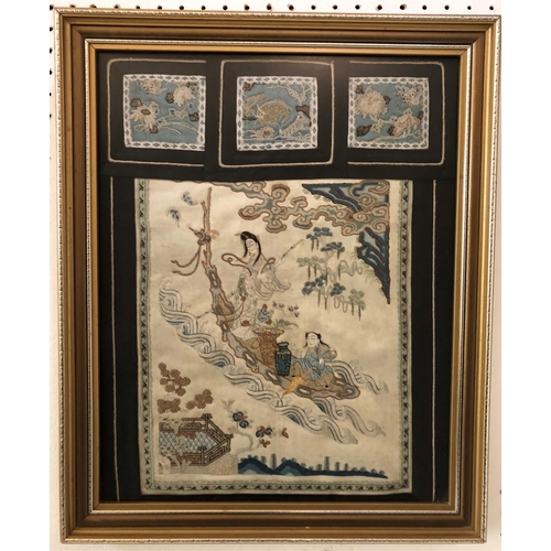 130 - Chinese c.19th Century Silk Peking Knot Embroidery, depicting two figures on a boat with decorations... 