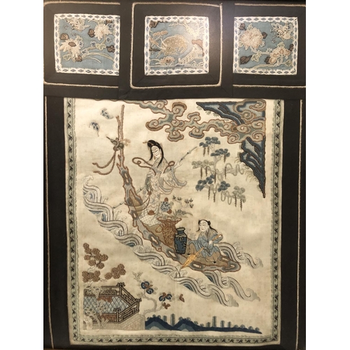 130 - Chinese c.19th Century Silk Peking Knot Embroidery, depicting two figures on a boat with decorations... 