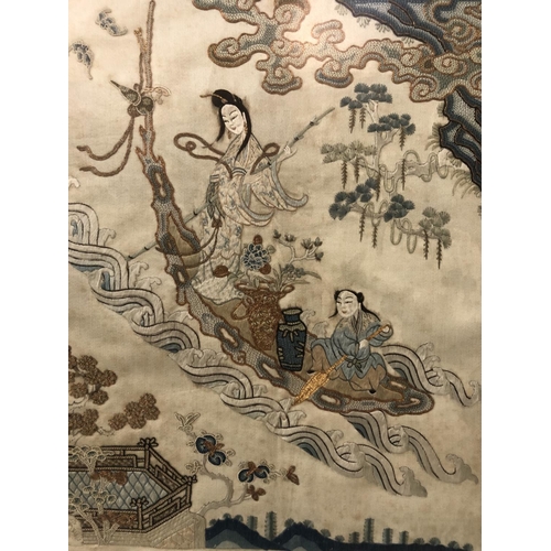 130 - Chinese c.19th Century Silk Peking Knot Embroidery, depicting two figures on a boat with decorations... 