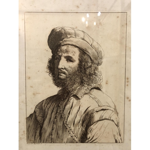 132 - Domenico Maria Bonavera (c.1630-1731) After Guercino - Bust of a Man Wearing a Hat and Chain, etchin... 