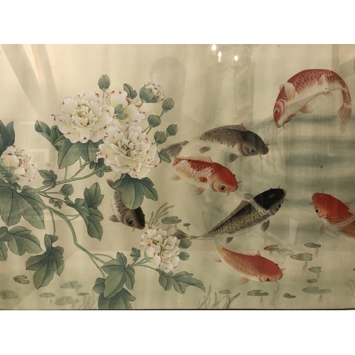 136 - 20th Century Chinese Painting of Carp and Flowers, watercolour and ink on silk, bearing inscription ... 