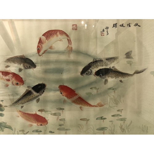 136 - 20th Century Chinese Painting of Carp and Flowers, watercolour and ink on silk, bearing inscription ... 