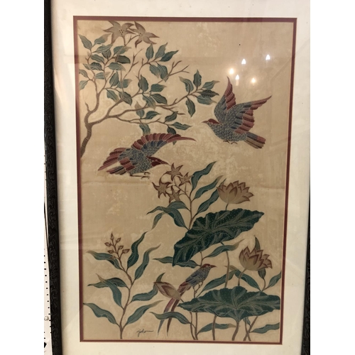 146 - Three Framed Works: Chinese silk embroidery of two cranes, with embroidered inscription and red seal... 