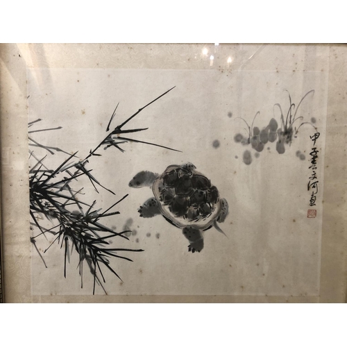 127 - Three Chinese Paintings: Ink painting on paper of a turtle with inscription and red seal, 42 x 32 cm... 