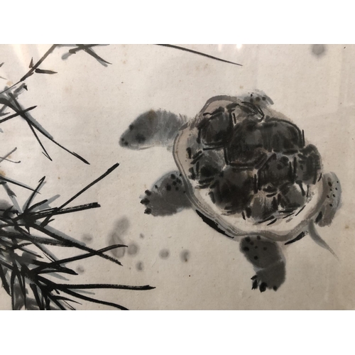 127 - Three Chinese Paintings: Ink painting on paper of a turtle with inscription and red seal, 42 x 32 cm... 