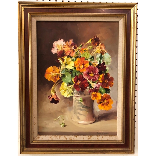 128 - Anne Cotterill (1933-2010) - Pot of Nasturtiums, oil on board, signed lower right, 34 x 24 cm, frame... 