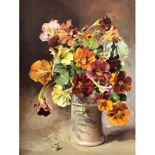 128 - Anne Cotterill (1933-2010) - Pot of Nasturtiums, oil on board, signed lower right, 34 x 24 cm, frame... 