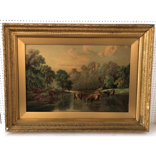 102 - After B. Cook - Watering Cows, early 20th century lithograph, 47 x 72 cm, in moulded gilt frame with... 