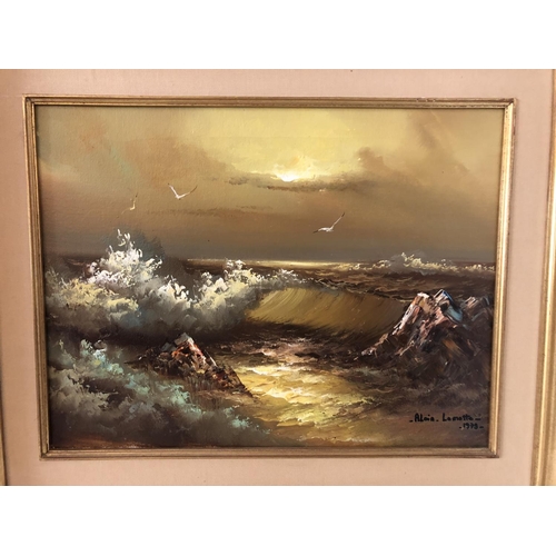 110 - Alain Lamotte - Two oil paintings: Dutch Harbour and Waves Crashing Against the Rocks, oil on canvas... 