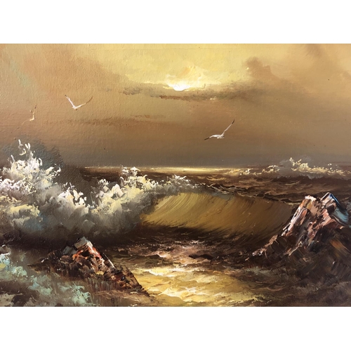 110 - Alain Lamotte - Two oil paintings: Dutch Harbour and Waves Crashing Against the Rocks, oil on canvas... 