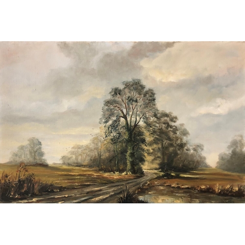 112 - Four Paintings: S. W. Corton - Country Road, oil on canvas, signed lower right; Two landscape painti... 