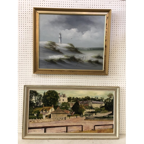 115 - Two Landscape Paintings: John Taylor - Village Scene, oil on board, signed; P. Morgan - Lighthouse o... 