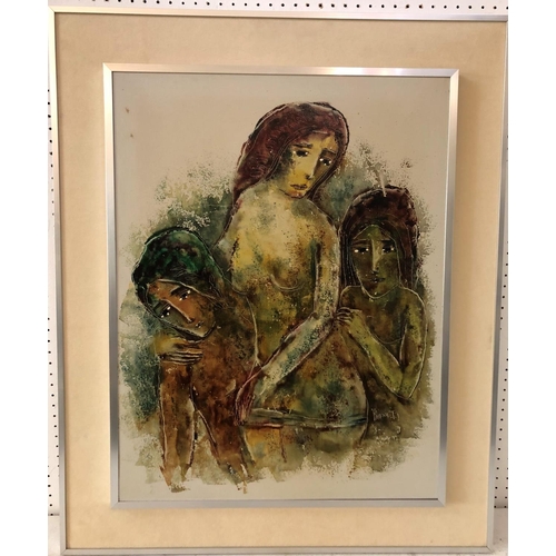 116 - Burnett - Three Women, acrylic on canvas, signed lower right, 65 x 50 cm, framed