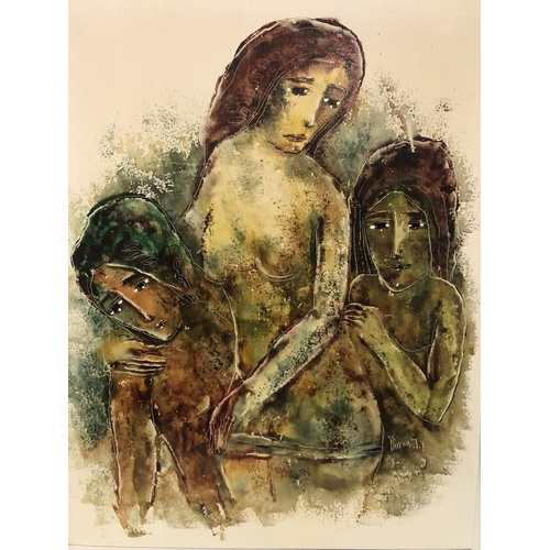 116 - Burnett - Three Women, acrylic on canvas, signed lower right, 65 x 50 cm, framed