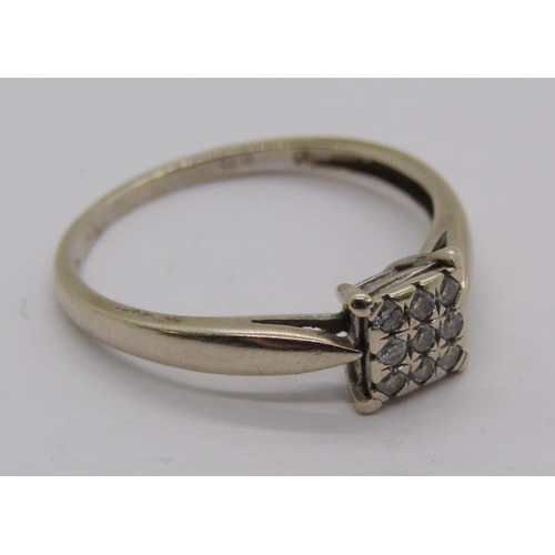 1309 - 9ct white gold diamond cluster ring of square form, 0.15ct total approx, size O, 1.7g