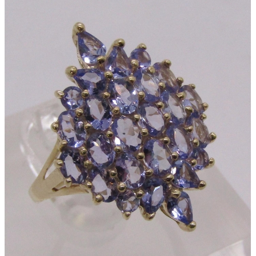 1312 - 9ct amethyst tanzanite cluster dress ring, size R, 3.3g