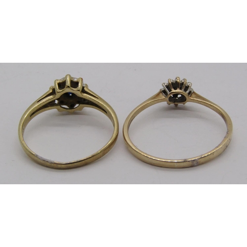 1317 - Two 9ct diamond cluster rings, one also set with a sapphire, 3.2g total