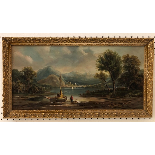 80 - Lake with Figures and Boat (European School, Early 20th Century) - oil on canvas, unsigned, 41 x 20.... 