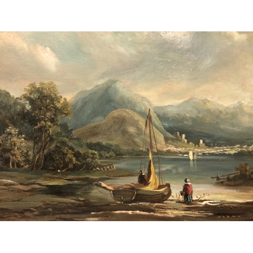 80 - Lake with Figures and Boat (European School, Early 20th Century) - oil on canvas, unsigned, 41 x 20.... 