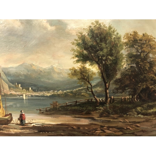 80 - Lake with Figures and Boat (European School, Early 20th Century) - oil on canvas, unsigned, 41 x 20.... 