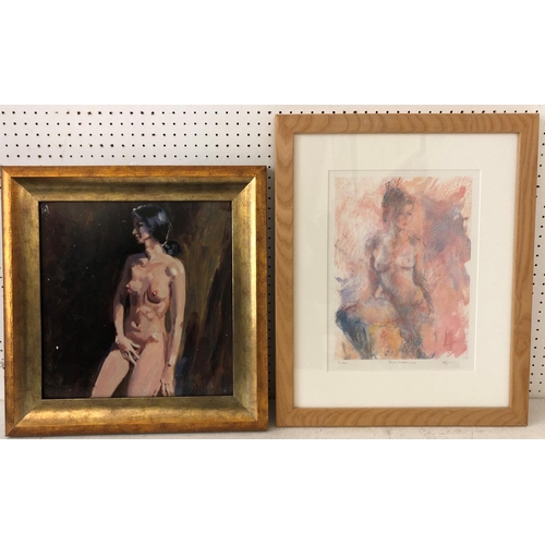 81 - Two Nude Female Studies - Woman in Dark Room, oil on board, unsigned, 35 x 35 cm; 'Blue Stockings', ... 