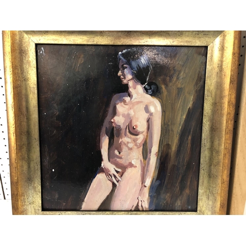 81 - Two Nude Female Studies - Woman in Dark Room, oil on board, unsigned, 35 x 35 cm; 'Blue Stockings', ... 