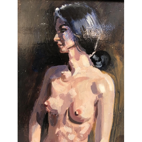 81 - Two Nude Female Studies - Woman in Dark Room, oil on board, unsigned, 35 x 35 cm; 'Blue Stockings', ... 