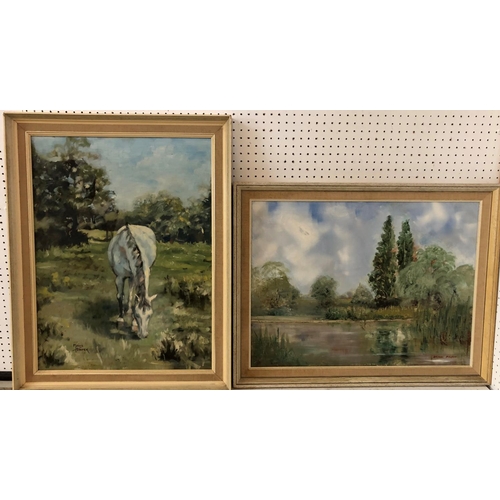 84 - Two Paintings: Mavis Harper - Horse Grazing, oil on board, signed lower left,  60 x 45 cm, Brian Fil... 