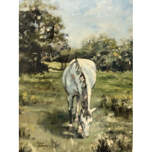 84 - Two Paintings: Mavis Harper - Horse Grazing, oil on board, signed lower left,  60 x 45 cm, Brian Fil... 