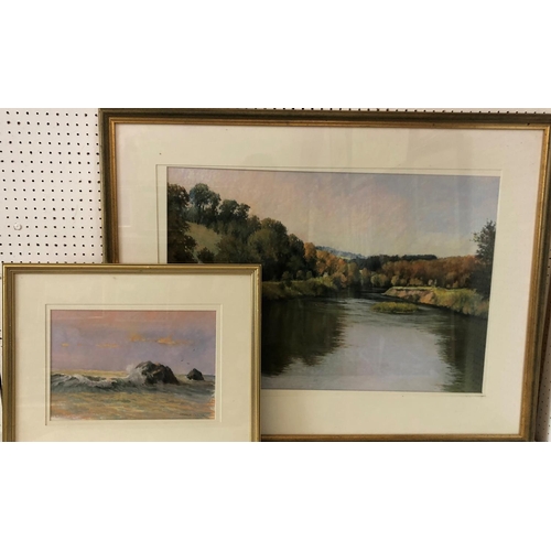 85 - George Cutter (Bristol Savages) - Two pastel works: River Scene, 47 x 68 cm; and Waves Crashing agai... 