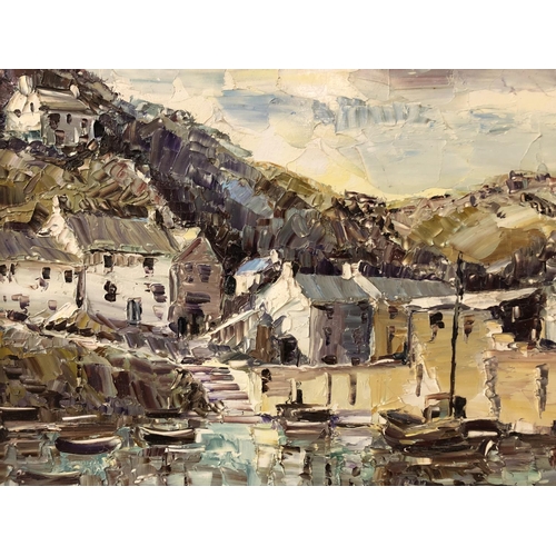 87 - Lee Rice (Contemporary, Bristol) - Coastal Town Harbour, oil on board, signed lower left, dated indi... 