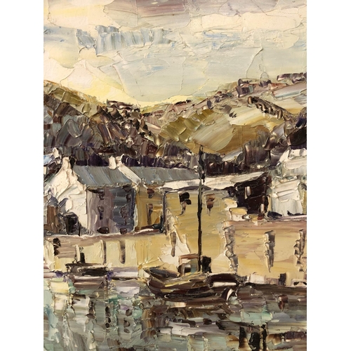 87 - Lee Rice (Contemporary, Bristol) - Coastal Town Harbour, oil on board, signed lower left, dated indi... 